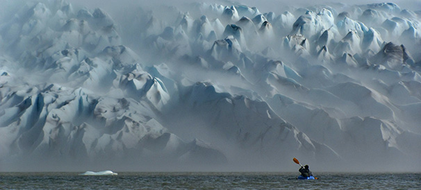 Packrafting in front of San Quintin glacier, Aisen, Patagonia, Chile