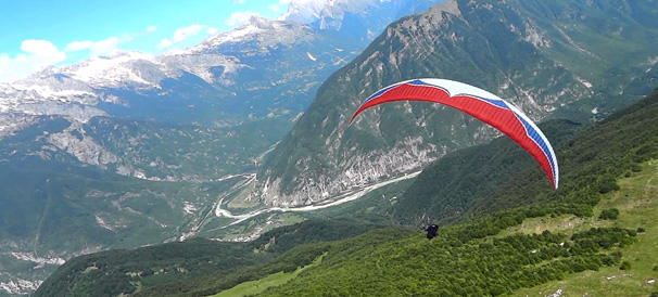 Paragliding toward Bovec valley, Julian Alps, Slovenia