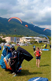 Paragliding at Bassano. Bassano main LZ at the Semonzo village flight park during 2017 World Paragliding Championship