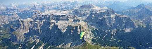 Paragliding the Dolomites. The iconic Sella group with its highest peak Piz Boe - just a short glide from the main takeoff at Col Rodella.