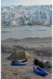 Camping at frontal moraine of one of Northern arms of San Quintin glacier, Aisen, Patagonia, Chile