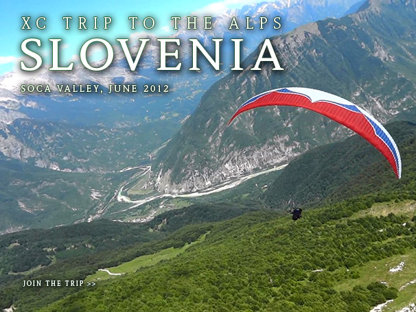 Paragliding toward Bovec valley, Julian Alps, Slovenia