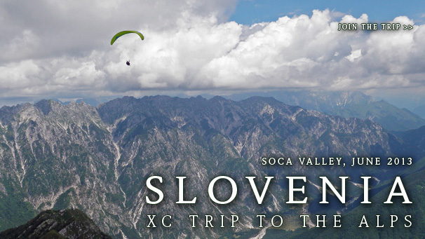 Paragliding toward Bovec valley, Julian Alps, Slovenia