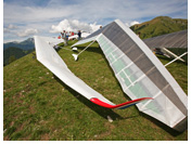 Hang gliders at Kobala takeoff, Tolmin, Soca valley, Julian Alps, Slovenia